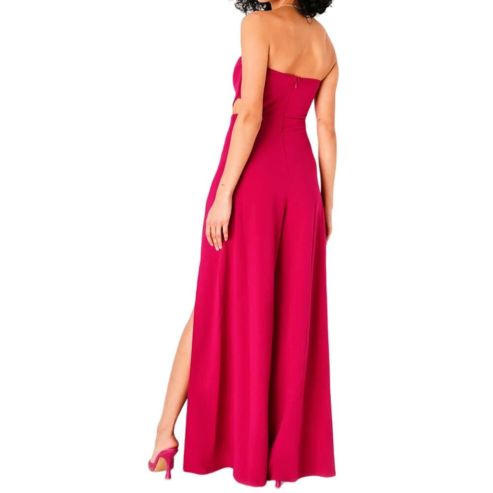 Backless Notched Neck Bare Shoulders Split Wide Pants Strapless Tube Jumpsuit - Picture 2 of 7